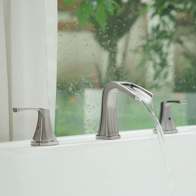 Waterfall 2 Handle Widespread Roman Tub Faucet Brushed Nickel | 3 Hole Deck Mount Bathtub Filler with Valve & Supply Lines