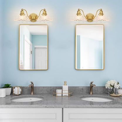 Bright Brushed Gold Bathroom Vanity Light Vintage Style, E26 Easy Mounted | Vanity Light with Flower Glass Shades, 18" Wide Bathroom Lighting Over Mirror, Easy Mounted for Bathroom, Bedroom, Hallway