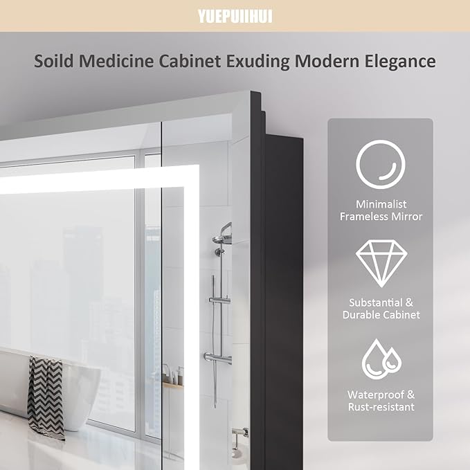 16X24 Inch Bathroom Medicine Cabinet, Adjustable 3-Color Brightness Dimming LED Mirror Recessed, Black