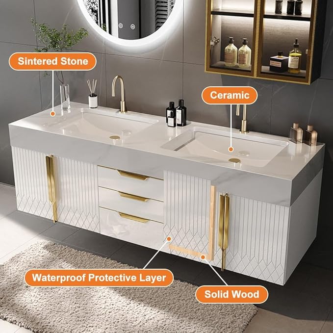 KunMai 59" White Floating Bathroom Vanity with Faux Marble Top, Double Ceramic Vessel Sinks, Wall-Mounted Design, 3 Drawers for Storage, Modern Bathroom Cabinet with Gold Hardware Finish