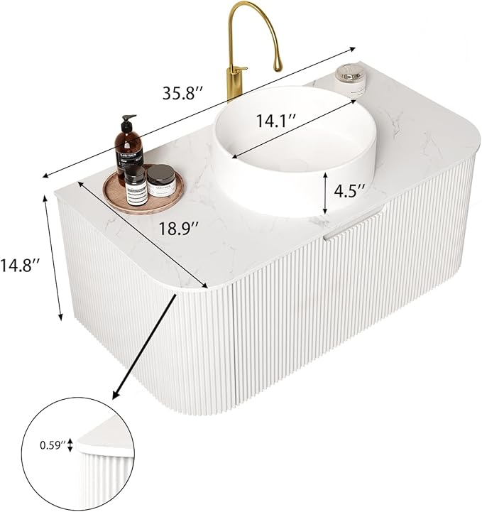 Yayzy 36" Floating Bathroom Vanity with Sink, Solid Wood Fluted Cabinet, White Round Ceramic Basin & Faux Marble Top, Soft-Close Drawer, Pre-Assembled, White