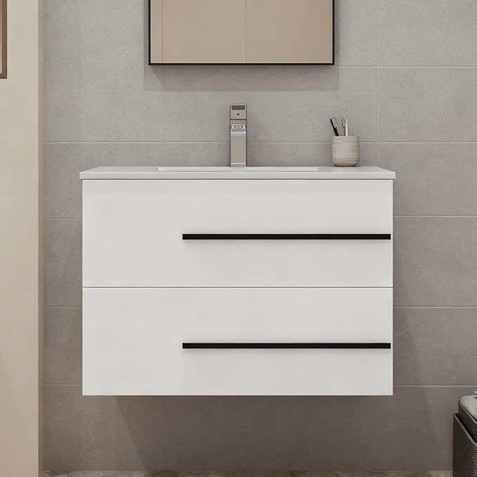30 inch Floating Bathroom Vanity Without Sink, Space Saving Fluted Design for Small Bathrooms, Soft Closing Drawers & Black Handles White