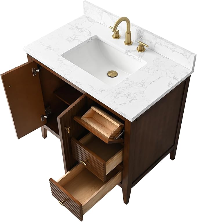 HOMEBEYOND 36" Bathroom Vanity with Sink, Solid Wood Bathroom Vanity Free-Standing Cabinet, Drawers, Ceramic Top & Soft Closing Door, Golden Brushed Handware, Walnut