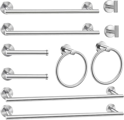 10Pcs Bath Tower Set, Includes 23.6 inch & 16 inch Towel Bars, Hooks, Rings & Toilet Paper Holder - Brushed Nickel