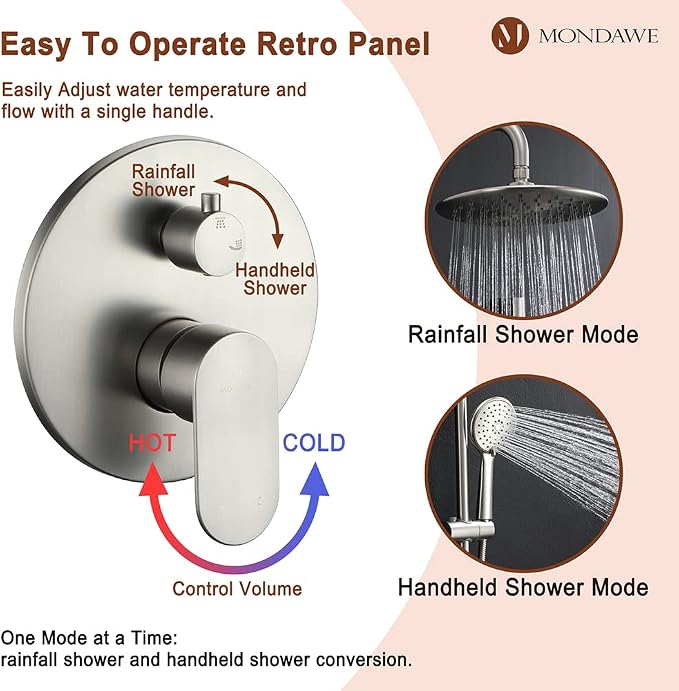 MONDAWE 9 Inch Wall Mounted Shower Faucet Set in Brushed Nickel, Rainfall Shower Head with 3-Setting Handheld Spray Shower Set Combo, High Pressure Shower System with Solid Brass Valve