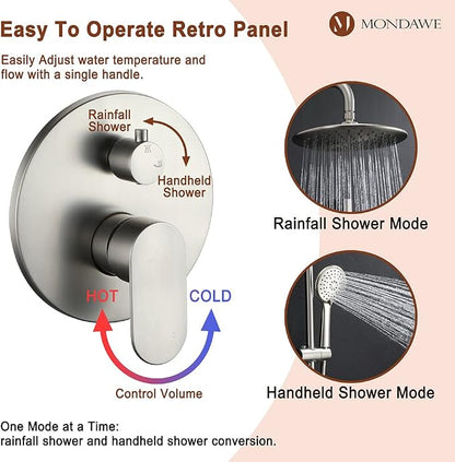 MONDAWE 9 Inch Wall Mounted Shower Faucet Set in Brushed Nickel, Rainfall Shower Head with 3-Setting Handheld Spray Shower Set Combo, High Pressure Shower System with Solid Brass Valve