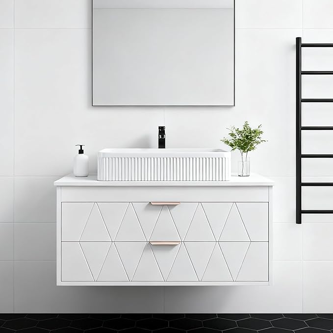 32" Floating Bathroom Vanity with Single Sink, Modern Stripe Wall Mounted Bathroom Vanities with Above Ceramic Basin, Wood Bathroom Vanity Storage Cabinet with 2 Drawers, White