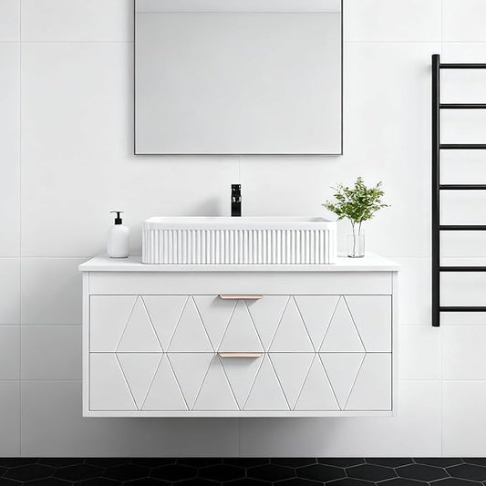 32" Floating Bathroom Vanity with Single Sink, Modern Stripe Wall Mounted Bathroom Vanities with Above Ceramic Basin, Wood Bathroom Vanity Storage Cabinet with 2 Drawers, White