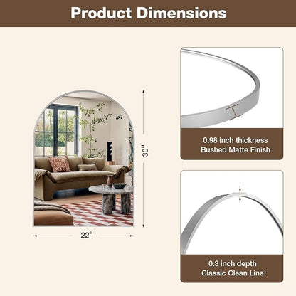 22"x30" Brushed Nickel Arched Vanity Bathroom Mirror, Set of 2 | Aluminum Alloy Frame, Clear Reflection, Rust-Resistant, Vertical or Horizontal, Wall Mount, Bedroom and Entryway