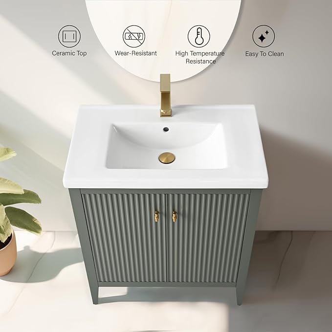 Vanity Art 30 inch Bathroom Vanity with Single Sink & Ceramic Top, Vanity Cabinet with Soft-Closing Door, Solid Wood Frame, Linear Pattern, Vintage Green, VA9130-VG-MB,Matte Black Handles