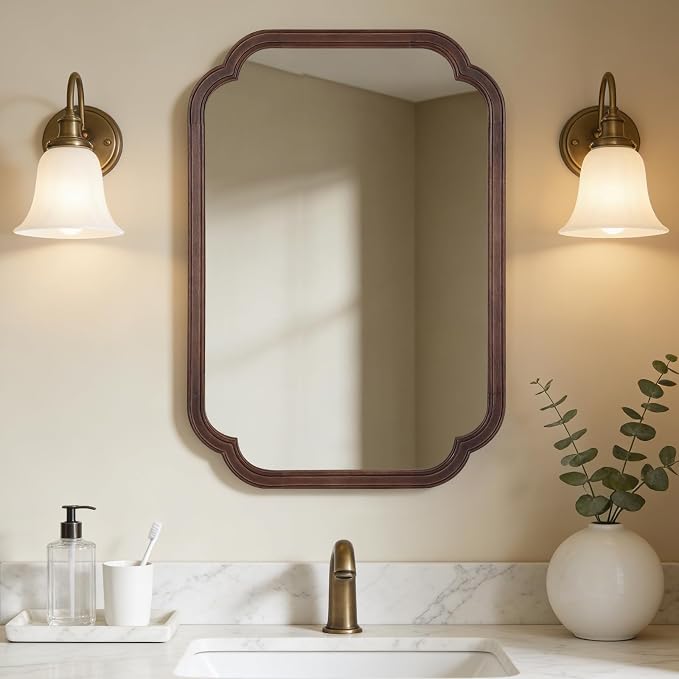 22" x 30" Wood Mirror Rounded Corner Arch Wall Mirror with Wood Frame for Entryway, Living Room or Bedroom Home Decor [22" x 30" Walnut Color]
