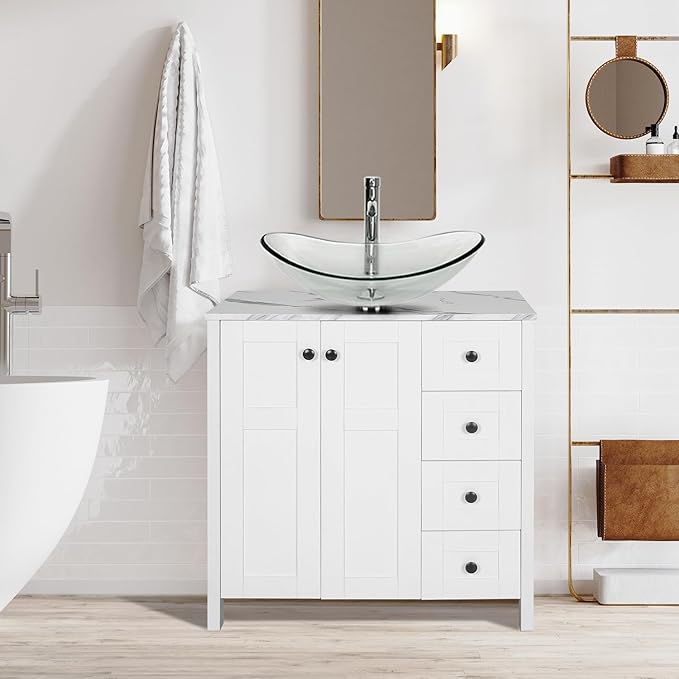 32 Inch White Bathroom Vanity with Marble Texture Top and 4 Drawers, Modern Standing Pedestal Cabinet with Clear Boat Glass Vessel Sink