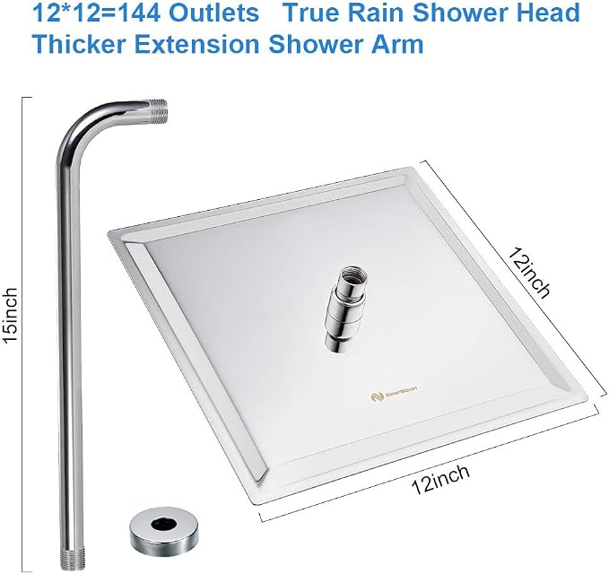 NearMoon Square Rain Shower Head With Extension Arm, Large Stainless Steel Rainfall Shower-Waterfall Full Body Coverage (12 Inch, Chrome)