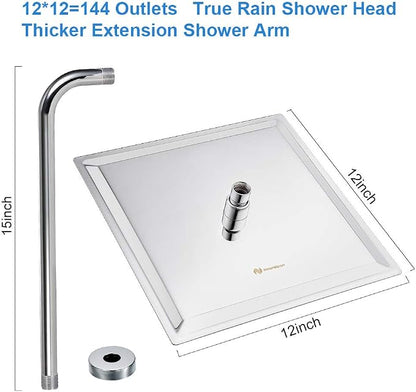 NearMoon Square Rain Shower Head With Extension Arm, Large Stainless Steel Rainfall Shower-Waterfall Full Body Coverage (12 Inch, Chrome)