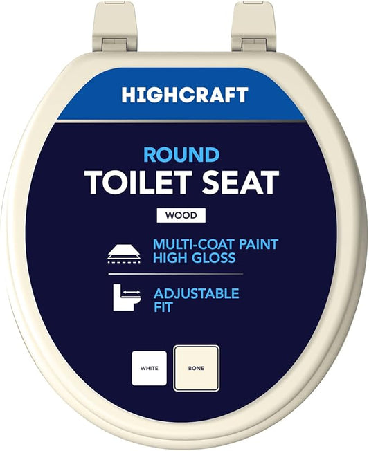 HIGHCRAFT Premium Round Toilet Seat with Adjustable Hinges - Molded Wood Toilet Seat - Fits Standard Round Toilets - Round Seat in Bone/Beige