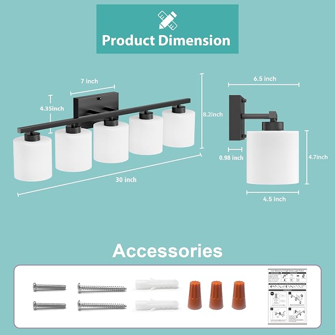 Honesorn Black Vanity Light, 5-Light Bathroom Light Fixtures, Frosted Shade | Matte Black Bathroom Vanity Light, Wall Sconces with Milky White Frosted Shades for Bedroom,E26 Socket(Bulbs Not Included)