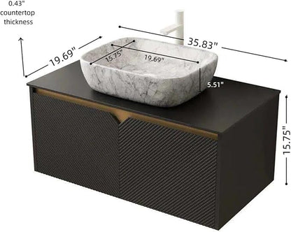 Floating Bathroom Vanity with Sink, 36" Bathroom Storage Cabinet with Sintered Stone Countertop & Marble-Pattern Ceramic Basin, Wall-Mounted Vanity with 2 Twill Pattern Doors, Black