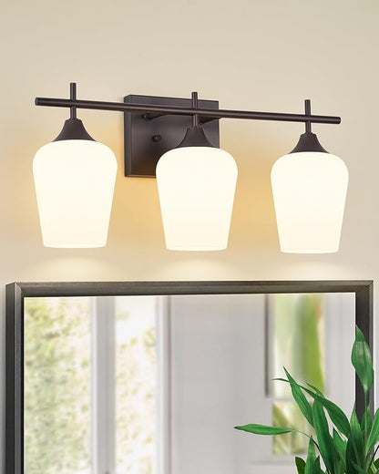 3-Light Bathroom Lighting Fixtures Over Mirror, 21" Oil Rubbed Bronze Vanity Lights Farmhouse Bath Wall Sconce with Milk Glass for Bath, OS-YQ9167-3AW