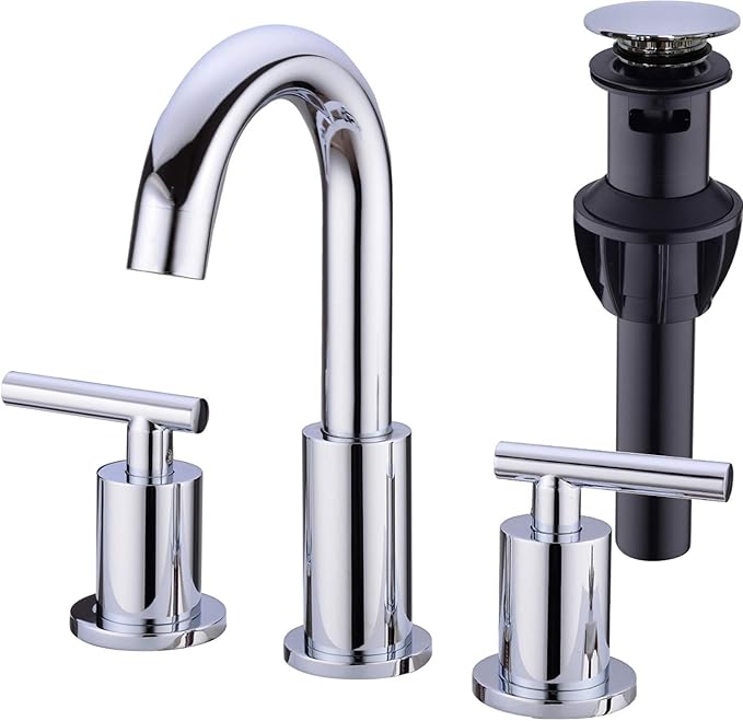 TRUSTMI 2-Handle 8 inch Widespread Brass Bathroom Vanity Sink Faucet with cUPC Water Supply Lines, Build-in Stopper Overflow Pop Up Drain Included,Chrome