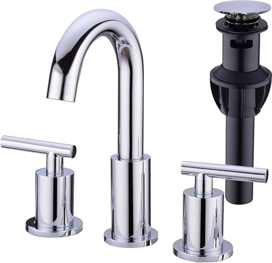 TRUSTMI 2-Handle 8 inch Widespread Brass Bathroom Vanity Sink Faucet with cUPC Water Supply Lines, Build-in Stopper Overflow Pop Up Drain Included,Chrome