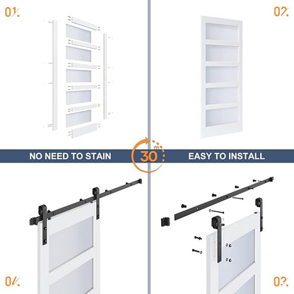 34x80 Inch Glass Sliding Barn Door Slab and 6ft Hardware Kit Included, 5 Frosted Glass, LVL Wood Panel Covered with White Water-Proof Scratch-Proof PVC Surface, Simple DIY Assembly