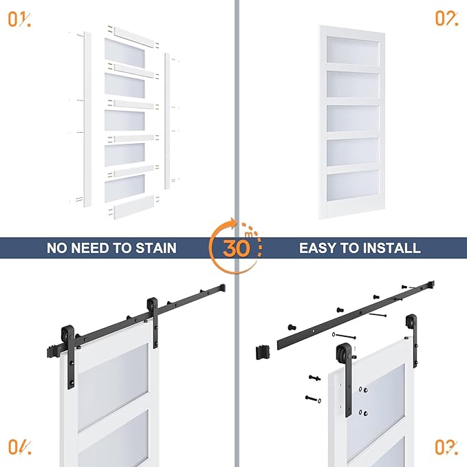 32x96 Inch Glass Sliding Barn Door Slab and 5.5ft Hardware Kit Included, 5 Frosted Glass, LVL Wood Panel Covered with White Water-Proof Scratch-Proof PVC Surface, Simple DIY Assembly