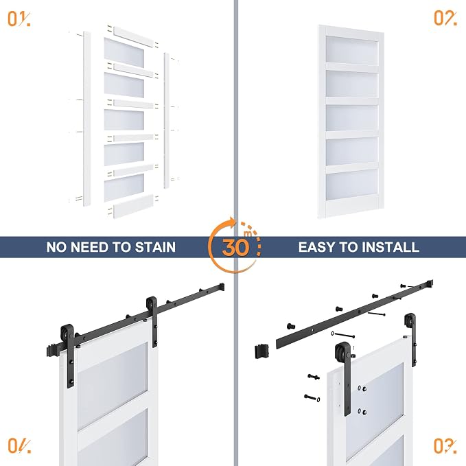 Double 28×84 Inch Glass Barn Door Slab and 10ft Hardware Kit Included, 5 Frosted Glass, LVL Wood Panel Covered with White Water-Proof Scratch-Proof PVC Surface, Simple DIY Assembly