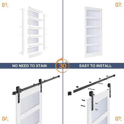 Double 24×84 Inch Glass Barn Door Slab and 8ft Hardware Kit Included, 5 Frosted Glass, LVL Wood Panel Covered with White Water-Proof Scratch-Proof PVC Surface, Simple DIY Assembly