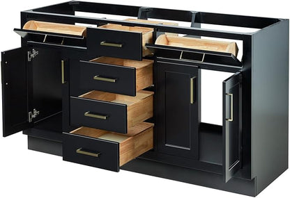 ARIEL Hepburn 60-inch Bathroom Vanity with Sink,Solid Wood, 1.5-inch Carbon Black Quartz Countertop, Double Rectangular Porcelain Sink, Soft Closing Doors, Dovetail Drawers, Black