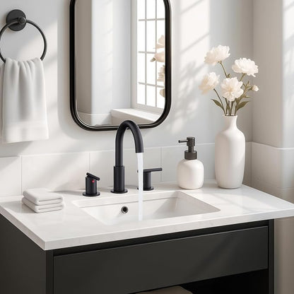 Bathroom Faucet 8 Inch, Matte Black 2 Handle Widespread Sink Faucet | Widespread faucet with 360° rotating spout, double handles and pop-up drain for bathroom vanity and sink upgrades.