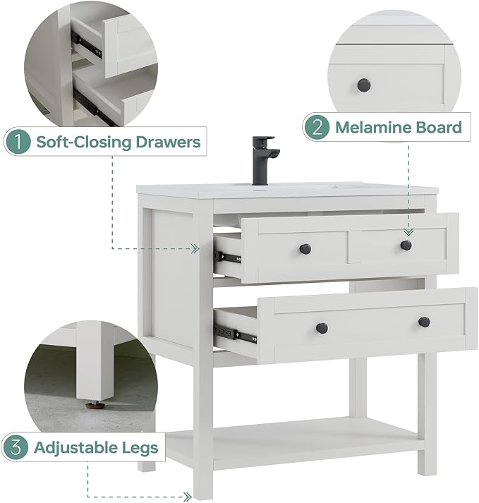 30 Inch Bathroom Vanity with Sink, White | Farmhouse Storage Cabinet with SMC Integrated Sink, Drawers & Open Storage Shelf, Easy Assembly & Adjustable Feet
