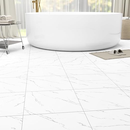 20-Pack Peel & Stick Floor Tiles 12 x 12 inch Vinyl Floor Self Adhesive Waterproof Flooring Planks DIY for Bathroom, Kitchen, Living Room, RV, Cover 20 Sq. Ft, White Vein Marble