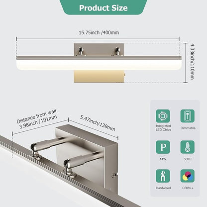 Brushed Nickel Vanity Light, 15.7” Dimmable LED Bathroom Light Bar with 5CCT, Adjustable Angle – Modern Wall Lighting for Bathroom, Powder Room, Bedroom, Apartment, Hotel