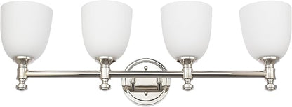Bathroom Vanity Light, 4-Light Bathroom Light Fixtures Over Mirror, Traditional Vanity Lights for Living Room, Milk White Bell Glass Shades, Standard E26 Base, Polished Nickel
