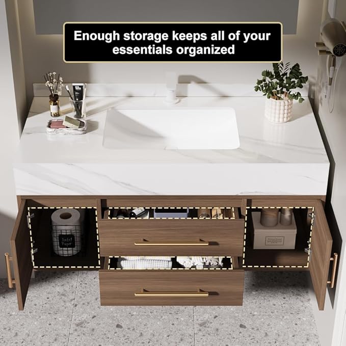 Bathroom Vanity with Sink 39.5" Floating Bathroom Vanity Sintered Stone Modern Bathroom Vanity Set, Walnut (Wall Mounted, Gold Handle)