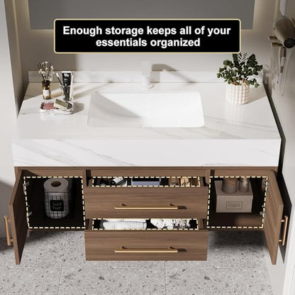 Bathroom Vanity with Sink 39.5" Floating Bathroom Vanity Sintered Stone Modern Bathroom Vanity Set, Walnut (Wall Mounted, Gold Handle)