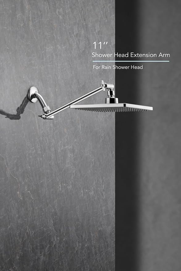 Rain Shower Head, 8'' High Pressure Rainfall Square ABS Showerhead with 11'' Shower Head Extension Arm, Stainless Steel Adjustable Shower Arm Extender, Rainfall Waterfall Fixed Showerheads, Chrome