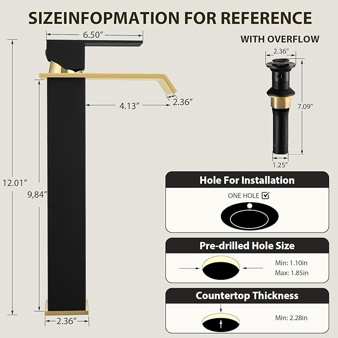 Bathroom Vessel Sink Faucet Black and Gold, Single Hole Tall Bathroom Faucet, Modern SUS304 Stainless Made, Pop-up Drain & Supply Hose Included, Home Décor Improvement
