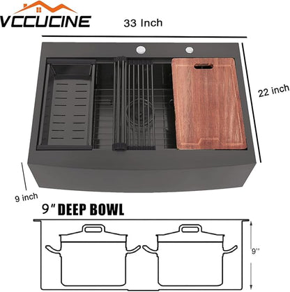 33x22 Inch Drop In Gunmetal Black Farmhouse Sink, 16 Gauge Stainless Steel Single Bowl Apron Front Workstation Farm Sink With Accessories