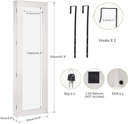SRIWATANA Washed White Jewelry Cabinet with Full Length Mirror, Solid Wood | Wall & Door Mounted Wood Jewelry Armoire; Space-Saving Mirror Cabinet with Lockable Door & Large Capacity
