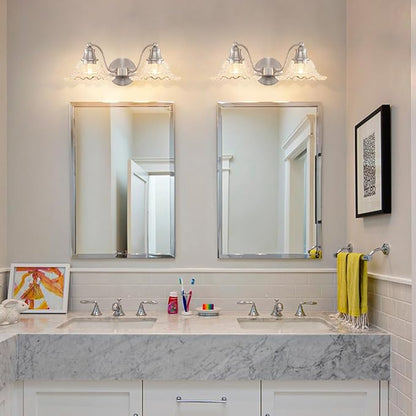 Brushed Nickel Bathroom Vanity Light Fixture Vintage, E26 Easy Mounted | Vanity Light with Flower Glass Shades, 18" Wide Bathroom Lighting Over Mirror, Easy Mounted for Bathroom, Bedroom, Hallway