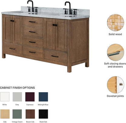 Beckford 66-Inch Brown Oak Double Bathroom Vanity with Sink, 1.5-Inch Edge Italian Carrara Marble Countertop & 4" Backsplash, Soft-Closing Doors & Drawers, Solid Oak Wood Construction