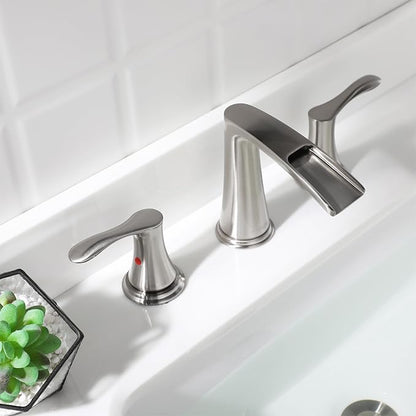 PARLOS Waterfall Widespread Bathroom Faucet 2 Handles with Metal Pop Up Drain & cUPC Faucet Supply Lines, Brushed Nickel, Demeter 1431802