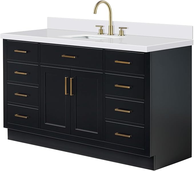 ARIEL Hepburn 60-inch Bathroom Vanity with Sink,Solid Wood, 1.5-inch Pure White Quartz Countertop & Backsplash, Single Rectangular Porcelain Sink, 2 Soft Closing Doors, 9 Dovetail Drawers, Black