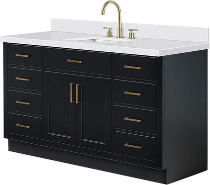 ARIEL Hepburn 60-inch Bathroom Vanity with Sink,Solid Wood, 1.5-inch Pure White Quartz Countertop & Backsplash, Single Rectangular Porcelain Sink, 2 Soft Closing Doors, 9 Dovetail Drawers, Black