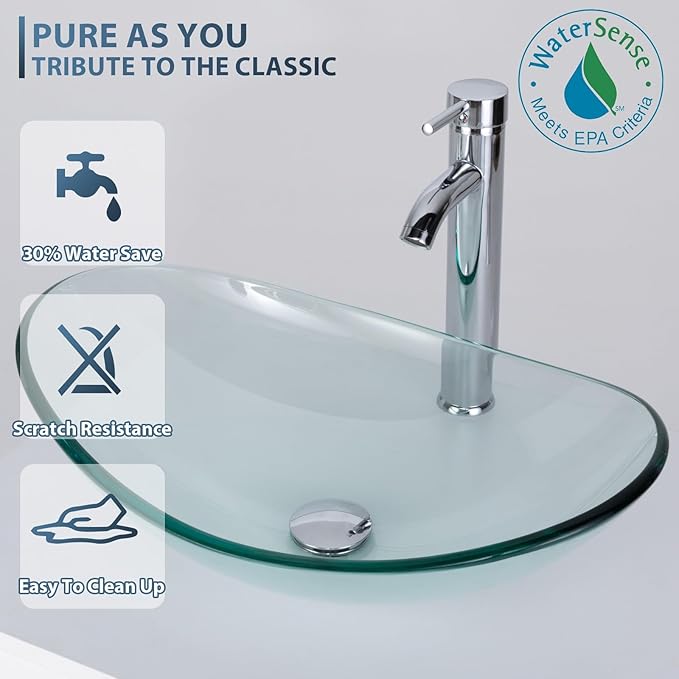 eclife 24" Floating Bathroom Vanities with Sink Combo, Wall Mounted Modern Cabinet W/Diamond Line Pattern Design, Clear Boat Glass Vessel Sink W/Water Save Faucet & Pop Up Drain, White