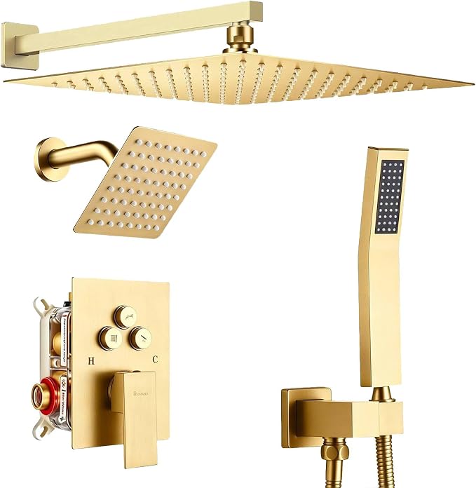 Dual Rainfall Shower Head System Brushed Gold, 3-Function Push Button Shower Faucet Set with 12" Wall Mount Rain shower head and 6" Wall Mount Shower Head, Pressure Balance Rough-in Valve