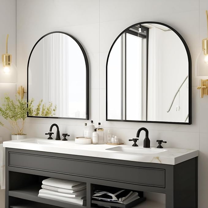 XRAMFY Arched Bathroom Mirror 32" x 34" for Bathroom Vanity Mirror or Wall Decor Black Arch Mirror Aluminum Alloy Frame Wall Mounted Mirror for Living Room Bedroom Entryway