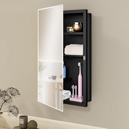 Fundin Black Medicine Cabinet Recessed or Surface Mount, Bathroom Medicine Cabinet with 16 x 26 Beveled Mirror and Adjustable Staggered Shelves