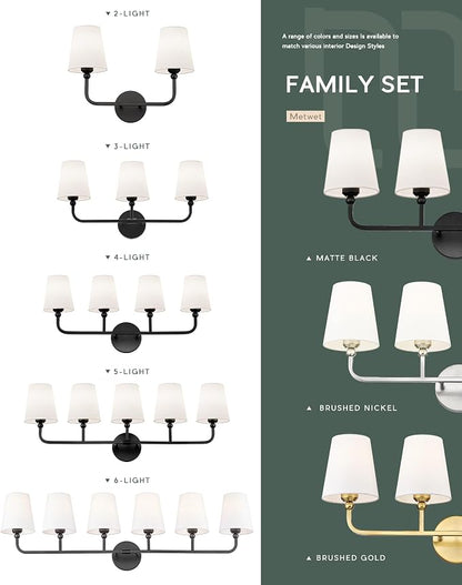 4-Light Matte Black Bathroom Vanity Light, White Fabric Shades | Ideal for 32-42" mirrors, 28" bathroom light fixtures over mirror, upward only, E26 base, bulbs not included, VL837-MB-4